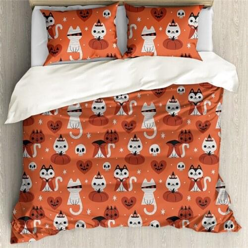 Halloween Duvet Cover Kawaii Halloween Kittens Pumpkin Cats Pattern 3pcs Bedding Sets for Kids Comfortable Double Bed Sheet