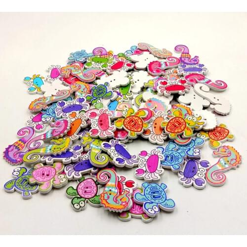 50Pcs Cartoon Sea Marine Animals Fish Crabs Seahorse 2 Holes Sewing Wood Buttons For Crafts Scrapbooking Sewing Clothes Button