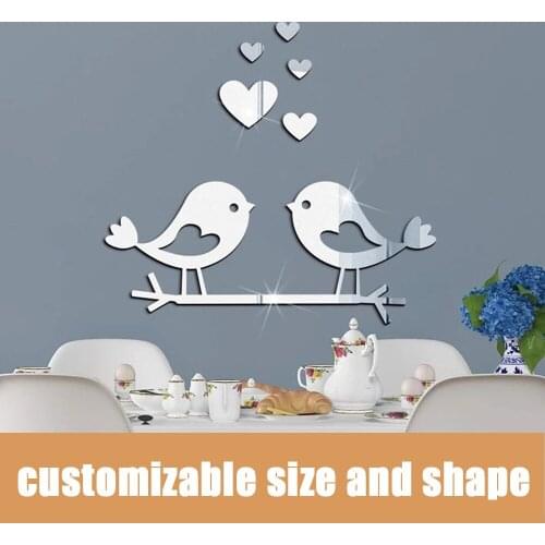 Branch Bird Love 3D Acrylic Mirror Wall Sticker Decor Wedding Bedroom Acrylic Mural Family Love Wall Decals Mirrored Decorative