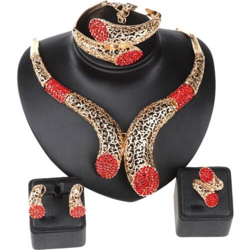 Wedding Party Accessories African Beads Jewelry Sets Red Rhinestone Gold Color Bridal Necklace Bangle Earrings Rings Set