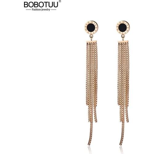 BOBOTUU Black Acrylic Round Roman Numerals Long Tassels Earrings Vintage Titanium Steel Party Earrings For Women Gift BE17064