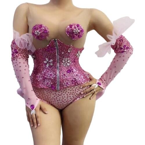 Pink Rhinestone Sequin Transparent Bodysuit Gloves Bow Belt Birthday Celebrate Outfit Prom Women Dancer Show Wear # Bodysuit