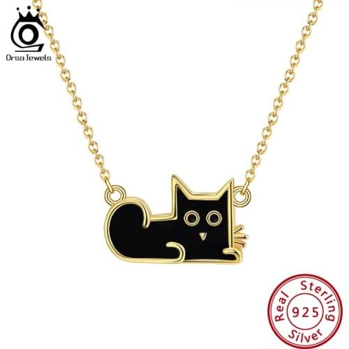 ORSA JEWELS Real Sterling 925 Silver Necklaces Lovely Cat Shape Black Enamel Gold Plated Pendant Chain Jewelry For Girls SEQN04