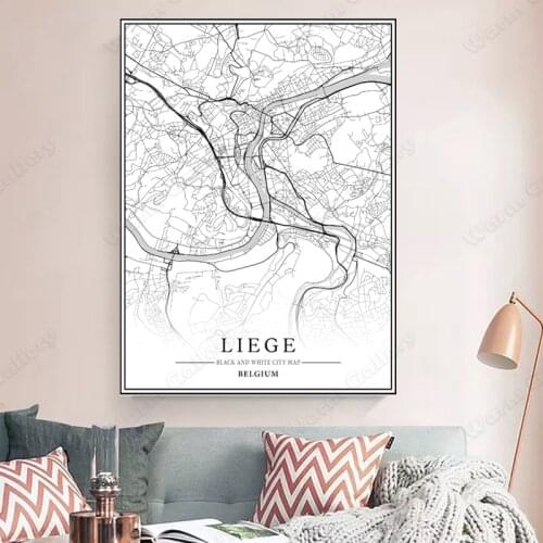 Black and White City Map The Liege City Map Poster HD Print Wall Art Canvas Nordic Landscape Painting for Home Decor