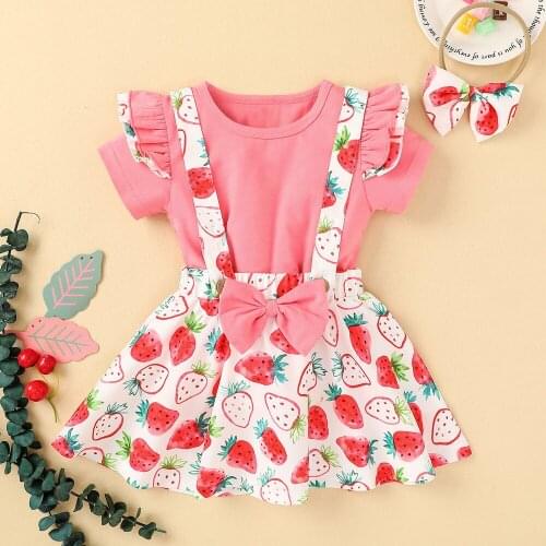 3 Pcs Kids Strawberry Print Outfits Toddler Baby Girl Fly Sleeve Pink T-shirt Suspender Skirt Bowknot Headband Summer Clothing