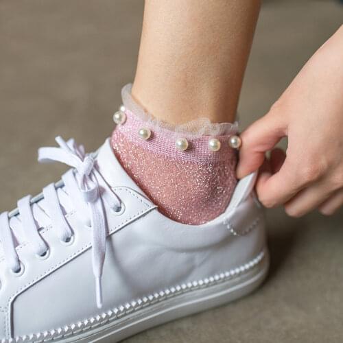 Summer Fashion Female Socks Womens Silver Silk Pearl Socks Ladies Crystal Calcetines Crystal Short Socks Thin Crystal Socks