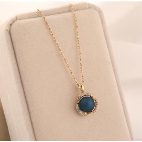 2021 New Light Luxury Zircon Inlaid Blue Pearl Flower Pendant Women Necklaces Trendy No Fade Stainless Steel Wedding Jewelry