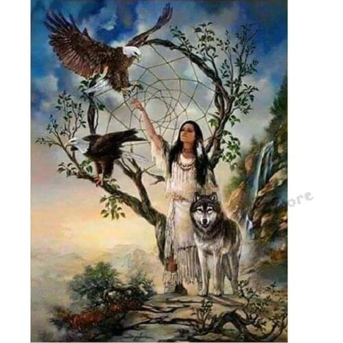 New Arrival Diamond Painting Full Square Round Indian beauty eagle wolf Diamond Mosaic Full Rhinestones Pictures decor GG1672