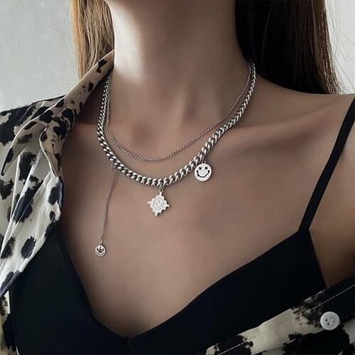 Origin Summer Double Layered Metal Chunky Chain Necklace for Women Girls Smile Face Charm Chokers Necklace Hiphop Accessories