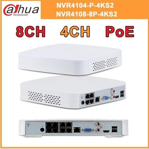 Original Dahua 8MP 4K PoE 8CH NVR NVR4108-8P-4KS2 DH 4CH NVR4104-P-4KS2 4/8CH Video Recorder H.265 Support ONVIF 2.4 SDK CGI