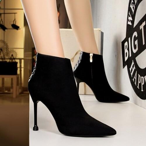 Autumn Winter Flock Ankle Boots Women Black Pointed Toe Zip Short Plush Boots 10CM Thin High Heels Boots botas mujer invierno