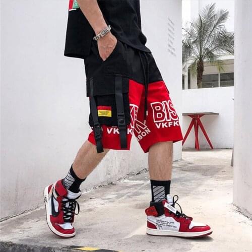 Japanese Fashion Cargo Shorts Men Ribbons Pockets Mix Color Harajuku Streetwear Casual Shorts for Male Hip Hop Joggers Clothing