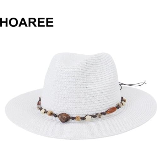 HOAREE Straw Hat British Style Men Womens Sun Hat Jazz Fedora Sombrero Gray Panama 2021 New Summer Hat Ladies Chapeau