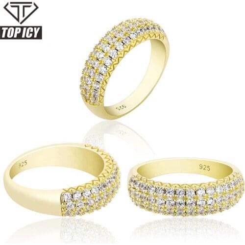TOP ICY 3 Rows Micro Pave Gold Plated Cut Gemstone CZ Jewelry 925 Sterling Silver Ring for Men Women iced out jewelry