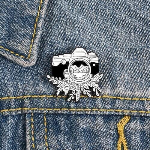 Outdoor adventure travel camera Brooches black and white cartoon mountain flower camera cowboy backpack shirt Badge