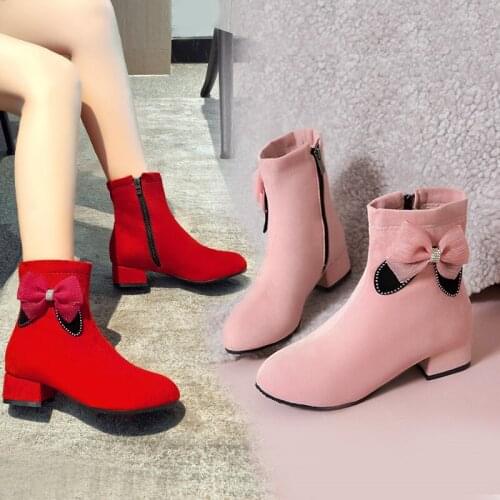 YQBTDL 2020 Winter Fashion Booties Chunky Heels Red Pink Black Ankle Womens Boots Butterfly-knot Cute Princess Lolita Shoes 43