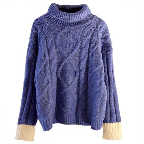Womens Lazy Wind Hemp Flowers High Lead Sweater Soild Color Pullover Loose Coarse Sweater Female Casual Clothes