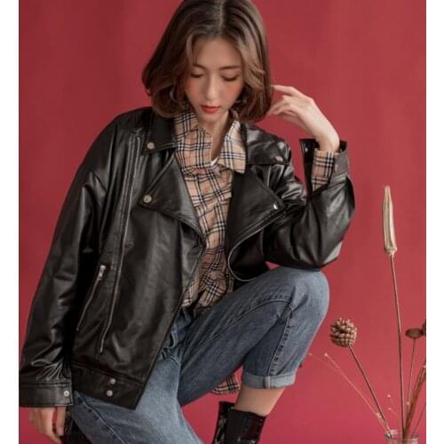 2019 New Black PU Locomotive Clothing Loose Women Basic Coat Fashion Streetwear Vintage Female Jacket Leather Outerwear HJ193