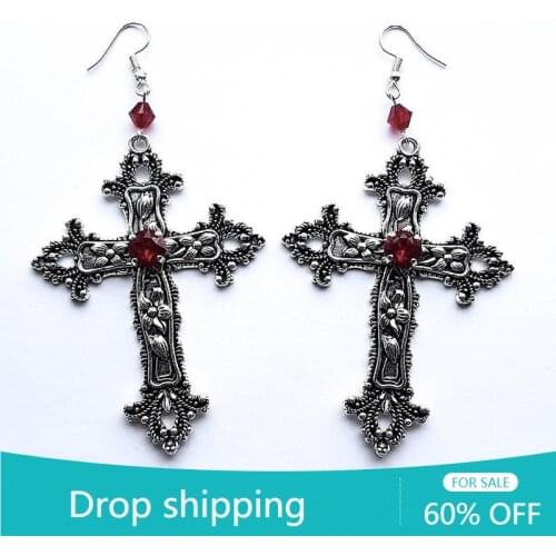 Goth Large Detailed Cross Drill Jewel Earrings Gothic Punk Christ Gorgeous Jewellery Classical Rock Statement Women Gift Trend