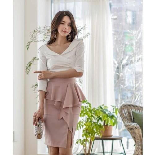 New arrival fashion set for women summer v-neck shirt and slim pencil skirt office lady simple trend vintage cute two piece set