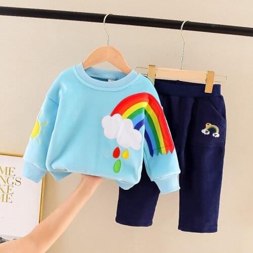 Winter Warm Children Cartoon Clothes Baby Boys Girls Thicken Velvet Cotton Rainbow T-shirt Pants Toddler Clothing Kid Tracksuit