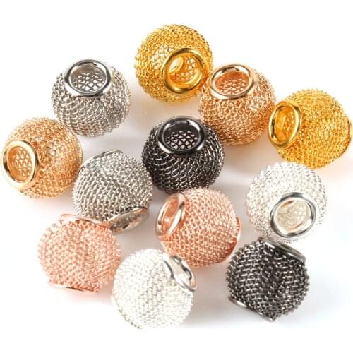 10pcs Mesh Net Spacer Metal Beads Rose Gold Black Big Hole Round Ball for DIY European charms Bracelet Jewerlry findings