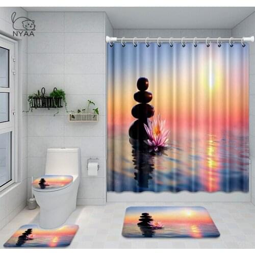 180x180 Zen Buddhism 3D Printing Bathroom Shower Curtain Set Anti-slip Carpet Toilet Cover Pad Anti-slip Mat Shower Curtain Set