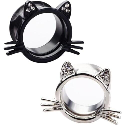 2 Piece Crystal Cat Ear Plug Stainless stee Flat Flare Screw Fit Ear Plugs Cute Kitty Gauges Flesh Tunnel body Piercing jewelry