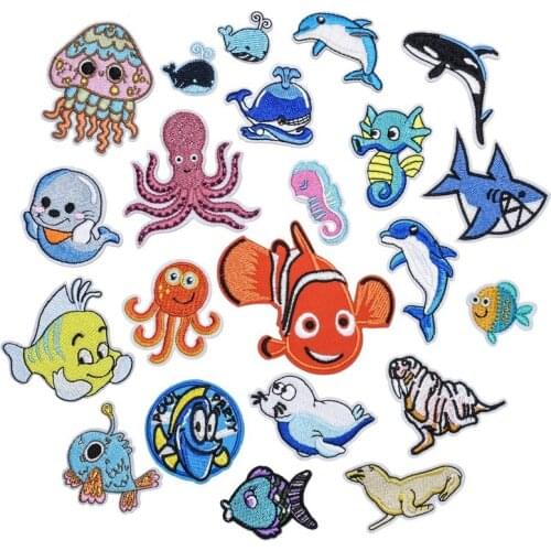 50pcs/Lot Embroidery Patches Letter Clothing Decoration Accessories Animal Diy Iron Heat Transfer Applique Ocean Fish Iron Ons