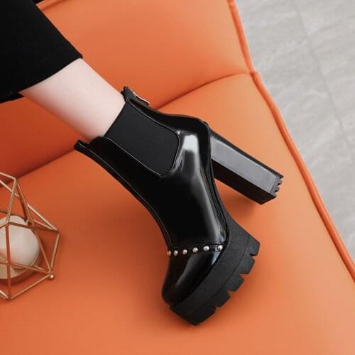 Women Square Heel Ankle Boots Autumn Super High Heel Waterproof Platform Martin Boots Fashion Rivet Zip Winter Motorcycle Boots
