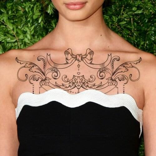 Black Bow Jewelry Necklace Flower Wave Shape Women Girls Sexy Temporary Tattoo Stickers Waterproof Fake Tatoos Body Chest Art