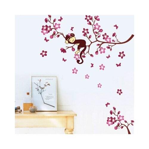 DIY Cute Sleepy Monkey on the Branch Vinyl Wall Stickers Flower Home Decal Kids Room Nursery Wall Decor Winder Sticker