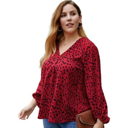 Women Plus Size Lantern Sleeves Loose T-Shirt Sexy V-Neck Pleated Flowy Tunic Tops Leopard Dot Printed Asymmetric Pullover Blous