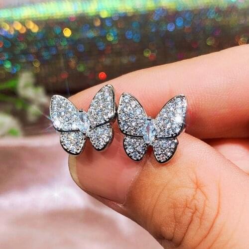 Huitan Fashion Butterfly Stud Earrings with Crystal Cubic Zirconia for Women Delicate Girl Accessories Wedding Versatile Jewelry