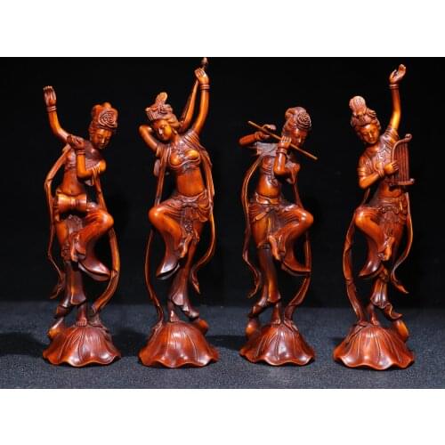 8"China Folk Collection Old Boxwood Dunhuang Murals Four tone Flying Beauty Flying fairy statue set Office Ornaments