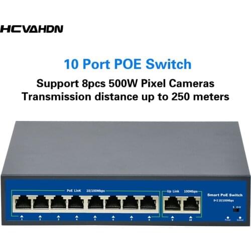 8Port POE Ethernet Switch 52V VLAN 10/100Mbps IEEE 802.3 Af/at Standard Network Switch POE for CCTV IP Camera Wireless AP 250M