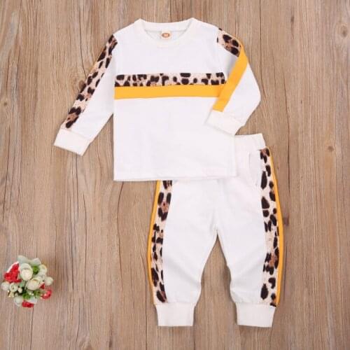 Childrens Clothing Set, Round Neck Long Sleeve Leopard Patchwork Sweater and Pants Two-piece Suit for Party Spring Autumn
