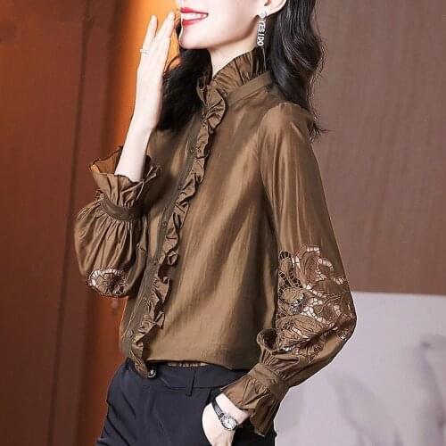 Brown Ruffles Women Shirts 2021 New Design Solid Lace Hollow Out Lantern Sleeved Slim Office Lady Elegant Outwear Tops