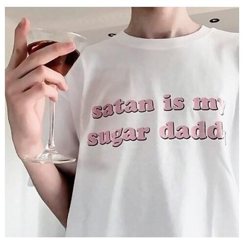 HAHAYULE Summer Fashion Tee Satan Is My Sugar Daddy Aesthetic Clothing Sugar Baby Tops Kawaii T Shirt High Quality Girls T Shirt
