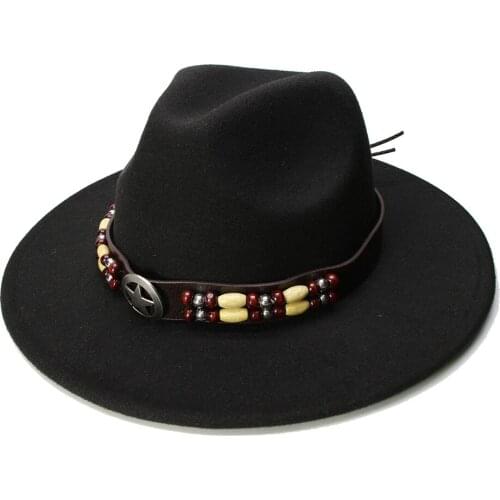LUCKYLIANJI Retro Kid Child Vintage 100% Wool Wide Brim Cap Fedora Panama Jazz Bowler Hat Star Bead Leather Band(54cm/Adjusted)