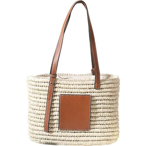 M68C Women Summer Beach Woven Straw Handbag with Adjustable Faux Leather Handle Large Single Shoulder Tote Bag Drawstring Basket