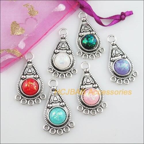 Fashion 6Pcs New Teardrop Flower Resin Connectors AB Shivering Mixed Charms Tibetan Silver 19x35mm