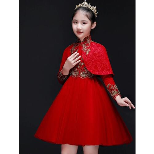 Fashion Handmade Flowers Flower Girl Dresses Red Long Sleeve With Shawl kids pageant gowns Long Flower Girl Dresses For Wedding