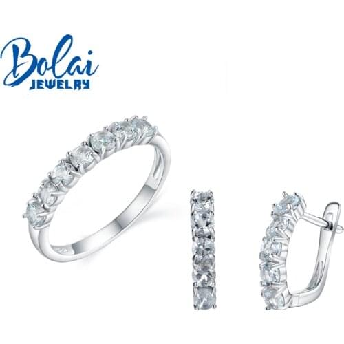 Bolai,Natural aquamarine rings earrings jewelry set, simple design style, 925 sterling silver for women daily wear fine jewelry