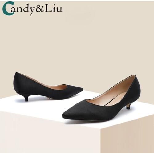 BLACK SATIN HIGH HEELS WOMENS 2021 New Professional Dress Interview 3cm Low Heel Pointed Thin Heel Cat Heels
