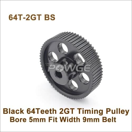 POWGE Black 64 Teeth 2GT Synchronous Pulley Bore 5mm For W=9mm 2MGT Timing Belt 64T 64Teeth GT2 Pulley 64-2GT BS 3D Design