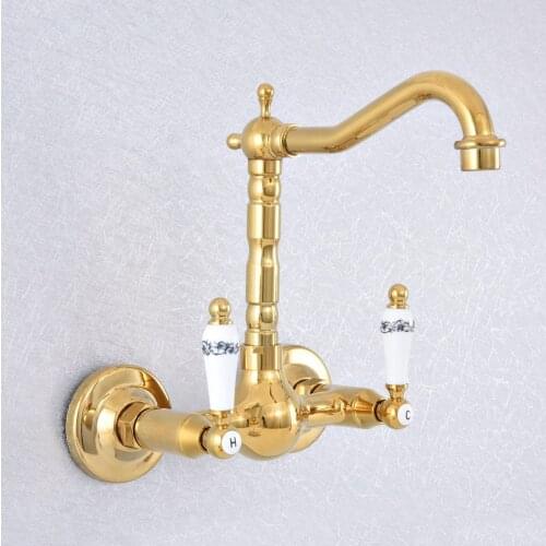 Luxury Gold Wall Mounted Kitchen Faucet Wall Kitchen Mixers Bathroom Sink Tap 360 Degree Swivel Washbasin Water Mixer Tap