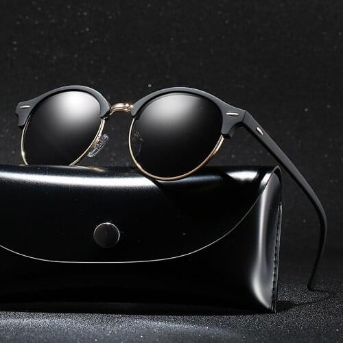 With Case Ladies Round Polarized Sunglasses Men Brand Designer Polaroid Sun Glasses Women Metal Frame Black Lens for Men Women