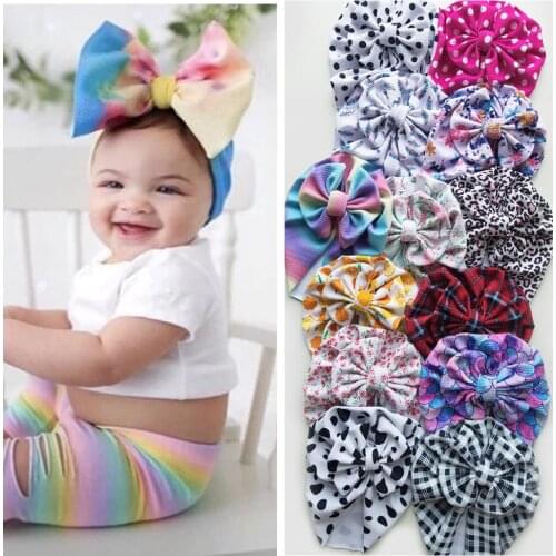 New Baby Girls Print Plaid Dot Bowknot Hats Infant Newborn Leopard Bow Cap Kids Nylon Elastic Turban Beanie Bonnet Photo Props