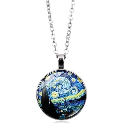 Vintage Jewelry Van Gogh Starry Night Gustav Klimt The Kiss Art Painting Glass Cabochon Pendant Choker Chain Necklace for Women